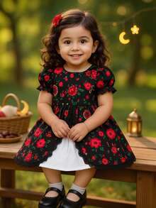 H HIBOBI Infant Girl Spring/Summer Puff Sleeve Ramadan Rose Print Mesh & Lace Patchwork Dress - Black - View 1