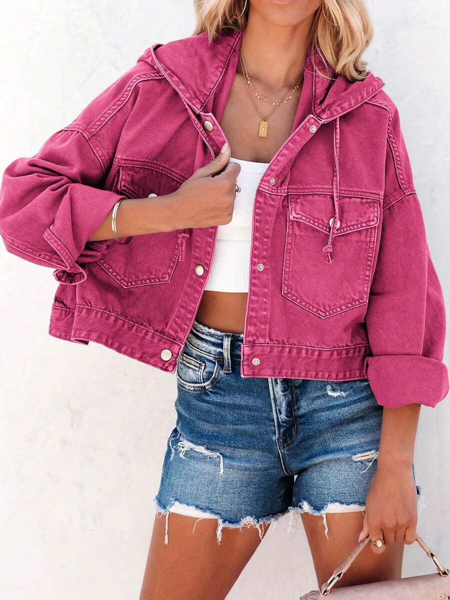 Chaqueta bomber informal de mezclilla verde lavada para mujer, con capucha, manga larga, corte regular y elasticidad media. - Rosa Fucsia - Ver 1