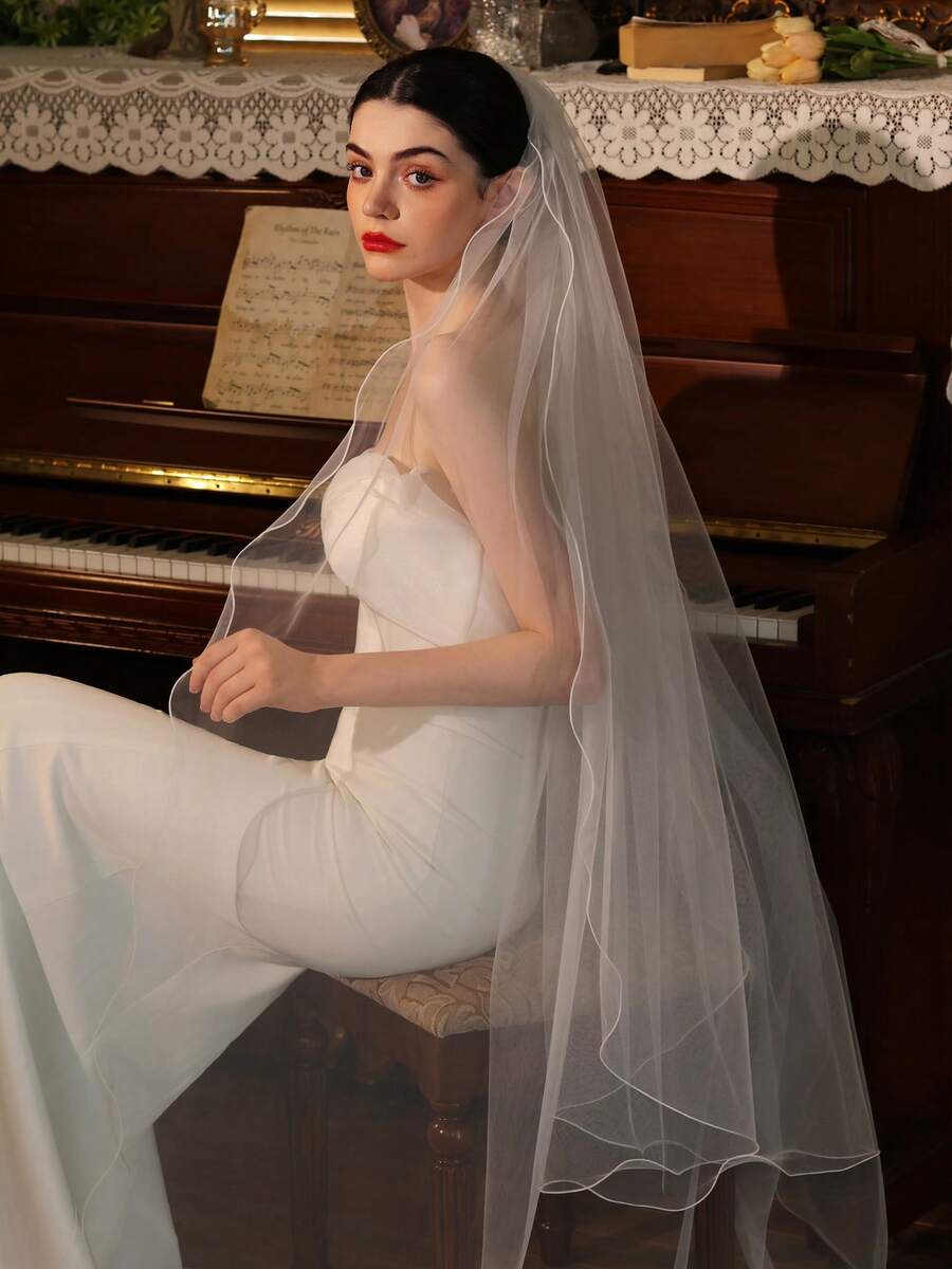 1件双层卷边新娘头纱，带发梳，婚礼摄影头饰，婚纱配饰
