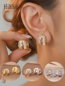 Hihho 1 Pair Luxury Cubic Zirconia Geometric 3D U-Shaped Earrings, Fashionable & Elegant Jewelry Gift For Women - Double U-shaped - View 2