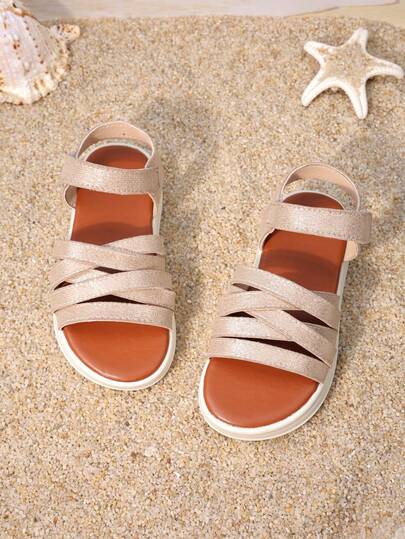 1 Pair Kids' Crisscross Strap Glitter Finish Faux Leather Lightweight Open Toe Platform Sandals Daily Style For Park Playdates & Picnics