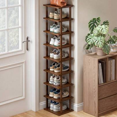 LOVEWE 9-Layer Tall Narrow Bamboo Shoe Rack, Vertical Organizer For Small Spaces, Ideal For Entryway/Closet/Corner/Doorway, Skinny Space-Saving Storage, Free Stackable DIY Design