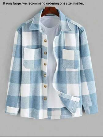 Herr Casual Rutig Långärmad Jacka med Fickor, Moderiktig Lös Passform Ytterkläder, Vår & Höst, För Höst