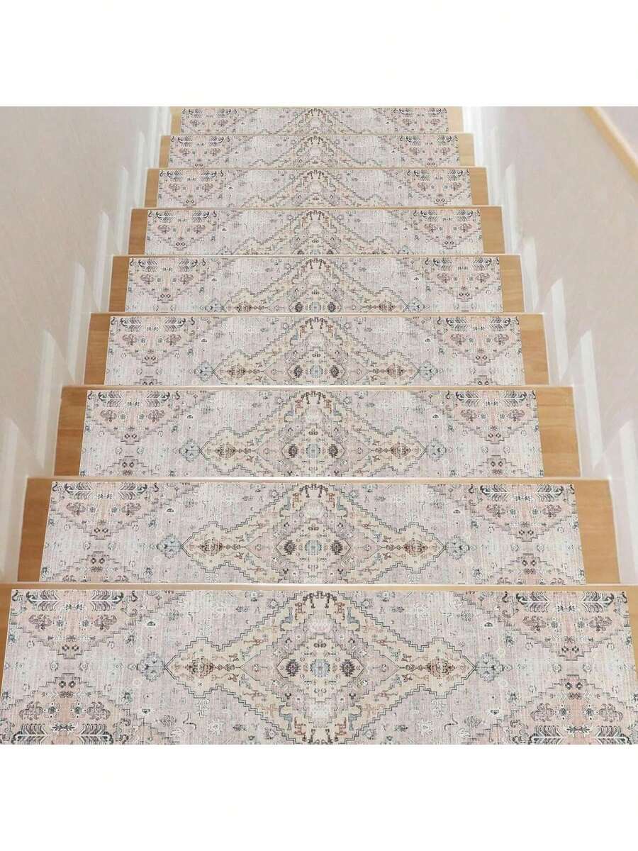 15 Non-Slip Rubber Stair Rugs, 20 X 76 Cm Each, Perfect For Indoor Wooden Staircases. Bohemian Rugs For Home Décor. Ideal For Pets And The Elderly. Available In Beige, Grey, Red, And Blue. - 米色 - 查看 1