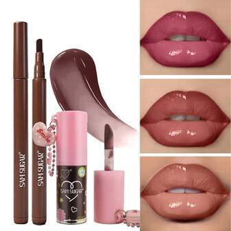  Duo de Delineador de Labios y Brillo de Labios SAM SUGAR, que proporciona una aplicación suave y un efecto hidratante, con un color vibrante de larga duración, hidratante y adecuado para todos los looks de maquillaje.