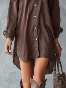 Women's Brown Long Sleeve Polyester Button-Up Shirt Dress, Collared, Front Short Back Long Design With Pockets Spring - Brown - View 4