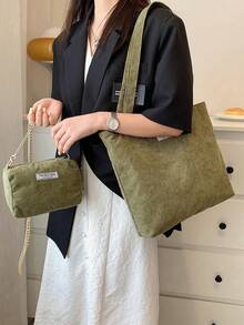 2 peças/Conjunto Bolsa de Tote de Veludo Casual Versátil de Grande Capacidade - Verde Militar - Visão 4