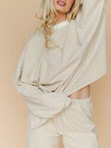 Women's Striped Oversized Loungewear Set - Long Sleeve Top  Wide-Leg Pants Two-Piece - Apricot - View 5