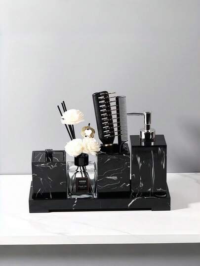 5pcs Black Bathroom Accessories Set, Including Marble Pattern Soap Dispenser, Lotion Bottle, Refillable Soap Dispenser, And Natural Stone Bathroom Accessories Set. The Set Also Contains Aroma Diffuser, Toothbrush Holder, Tissue Box, Lotion Bottle And Tray. Suitable For Bathroom And Kitchen. Bathroom Accessories. Bathroom Accessories Set.