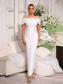 Đầm maxi bodycon hở vai hở lưng đính đá pha lê sang trọng mới, đầm dạ hội trang trọng dành cho nữ, thích hợp cho những dịp trang trọng, tiệc sinh nhật, dạ hội, lễ Phục sinh - trắng - Xem 4