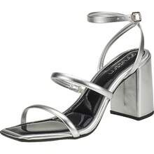 Women's Sandal With Square Block Heel And Thick Glitter - Lazzlu - Silver - View 4