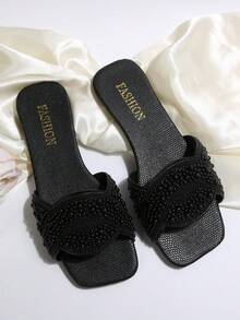 1双女士时尚PU皮革水钻平底凉鞋，适合海滩、办公室、所有季节 - 黑色 - 查看 7