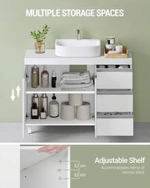 HEXCELEN Bathroom Vanity Unit With 3 Drawers, Bathroom Cabinet, 2 Doors, 2 Compartments Behind Doors, Freestanding Vanity Unit, 30 X 90 X 64 Cm, White - 白色 - 查看 5