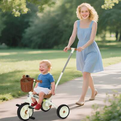  AIYAPLAY Kids Tricycle For 2-5 Years Old, 2-In-1 Toddler Trike With Adjustable Parent Handle, Pedals, Footrests, Storage Basket, 3 Wheel Bike For Boys And Girls, White