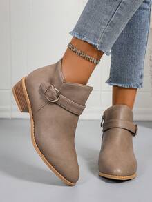 女士休闲搭扣侧拉链厚底踝靴 - 卡其色 - 查看 6