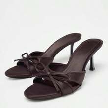 Elegant Bow Tie Peep Toe High Heel Ladies Sandals, 2026 Summer New Slip-On Women's High Heel Sandals, Suitable For Business, Party, Wedding, Nightclub, Music Festival, Masquerade - Brown - View 3