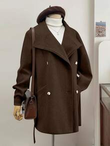 Women's Casual High-End Wool Blend Double-Breasted Long Sleeve Warm Coat, Soft Korean Style With Lining, Autumn/Winter Outerwear - Brown - View 5
