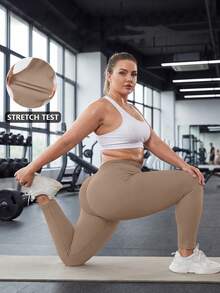 Mallas de yoga de cintura alta sin costuras, pantalones ajustados para hacer ejercicio - Caqui - Ver 2