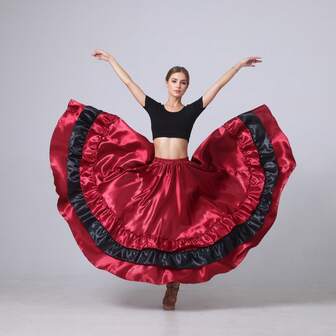 1pc Wine Red & Black Contrast Color Full Circle Hem Dress, Women's Belly Dance Flowy Bohemian Style Satin Lightweight Summer Beach Party Gown, Elegant A-Line Skirt