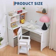 Techigher Kids Study Desk With Chair, Kids Desk And Chair Sets With Open Shelves And Cloth Drawers, L Shape Wooden Children Study Table, Student Writing Table - White - View 4