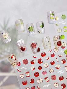 1个红色可爱苹果果冻多汁水果核切片网袋逼真5D美甲贴纸自粘按压式美甲贴，适合女性水果主题美甲装饰，日常派对娱乐