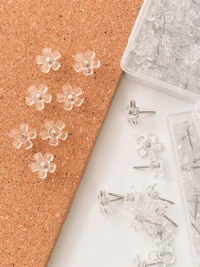 50pcs Transparent Flower Shaped Push Pins, 5-Petal Flower Design Office Decorative Thumbtacks