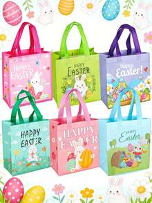 6pcs Reusable Easter Gift Bags With Handles, Easter Gift Bags, Happy Easter Reusable Non-Woven Fabric Gift Bags, Rabbit Egg Hunt Party Gift Packaging Bags, Rabbit Floral Egg Pattern, Easter Party Favors, Basket Fillers And Decor - Multicolor - View 3