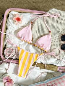 Conjunto de bikini de mujer a rayas amarillas y rosas, sexy con cuentas, de tela de alta elasticidad, adecuado para la playa, la piscina, fiestas, vacaciones - Primavera/Verano - Rosa - Ver 4