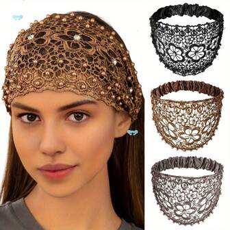 Elegant Hollow Lace Flower Pattern Headband, Elastic Headband With Faux Pearl Charm, Wide Crystal Hairband, Women's Daily Party Holiday Decor Gift ,Diadema ,Hair Hoop