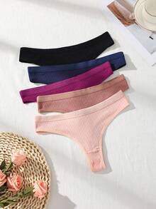 Bộ 5 chiếc quần lót dây gợi cảm bằng cotton màu trơn dành cho nữ, kiểu dáng tối giản, thoải mái, không đường may, co giãn và thoáng khí. - Nhiều màu - Xem 5