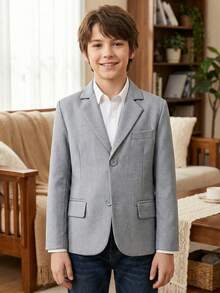 10-16 Years Old Boys' Formal Blazer Jacket, Button-Up Lapel Suit, Light Gray - Light Grey - View 4
