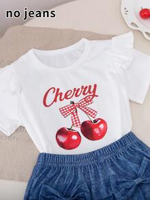 [Printed Effect, Non-Denim] Young Girl Casual Solid Color Knit Striped Letter & Fruit Print Short Sleeve Crew Neck Pullover Paired With Denim Effect Elastic Waist Symmetrical Bow Knit Skirt, Suitable For Daily, Home, Outdoor, Sports, Spring/Summer Girls Skirt Set - Blue and White - View 4