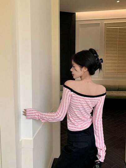 Women's Sexy Off-Shoulder Striped Contrast Color Fitted Sweater, Long Sleeve Top, Autumn Clothing