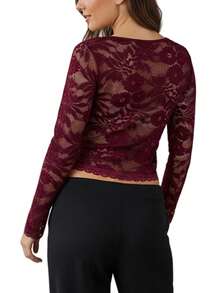 Women Lace Long Sleeve Shirt Top Y2K Square Neck Sheer Mesh See Through Silm Fit T Shirts Crop Tops Spring Fall  Going Out Tops Daily Party Club Streetwear - 紅色 - 查看 3