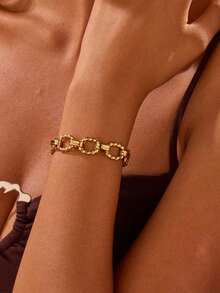 RAYQUEEN 1 Set Nuevo Conjunto de Collar y Pulsera de Acero Inoxidable con Diseño Geométrico de Elipse, Estilo Moda Hip-Hop, Adecuado para Regalo y Uso Diario - Amarillo Oro - Ver 6