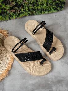 Handmade Beaded 3D Floral Thick Bottom Women's Sandals, Summer Bohemian Style Woven Lightweight Soft Bottom Slippers, Women's Adjustable Ankle Strap Beach Flip Flops - Black - View 7