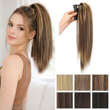 Peluca con coleta de cabello sintético corto y liso de 16 pulgadas con pinza, peluca con coleta para mujeres, extensión de cabello negro y marrón - Multicolor - Ver 2
