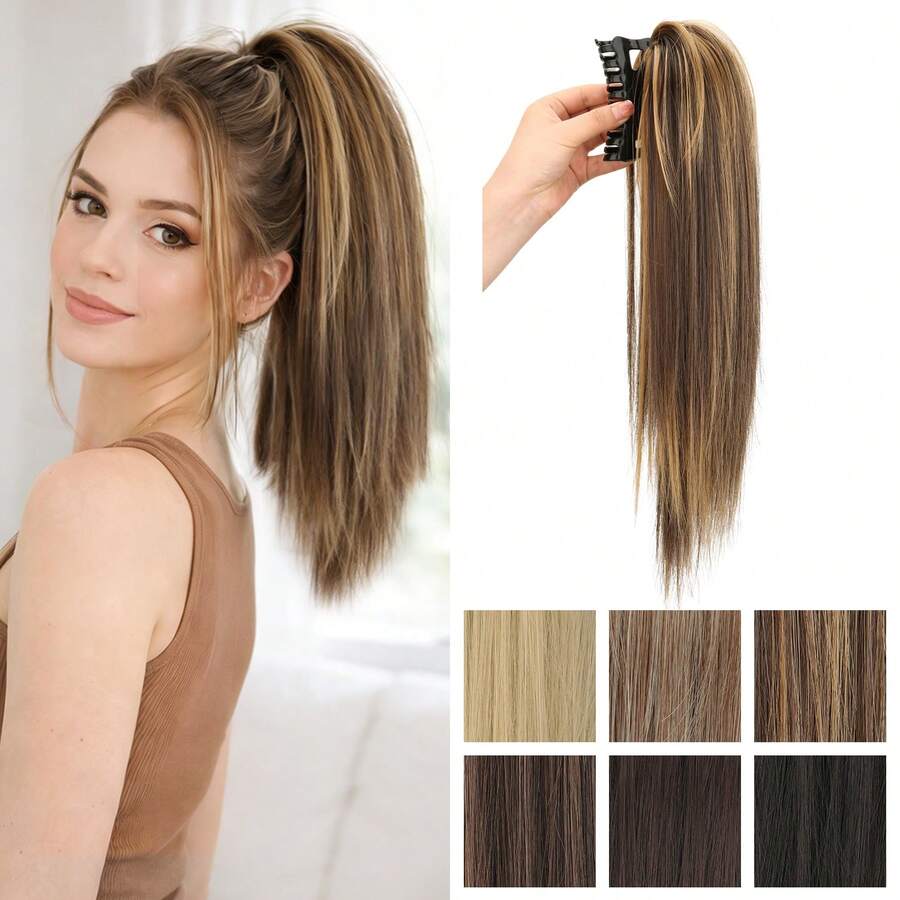 Peluca con coleta de cabello sintético corto y liso de 16 pulgadas con pinza, peluca con coleta para mujeres, extensión de cabello negro y marrón