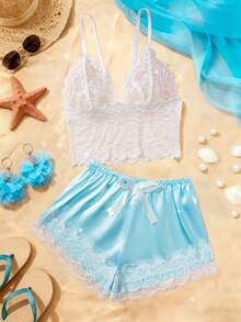 Valentine's Day Surprise Gift New Sexy Lingerie Set Soft White Lace Bra Bow Eyelash Satin Shorts Adjustable Shoulder Straps Bra Sleepwear Two Pieces Set