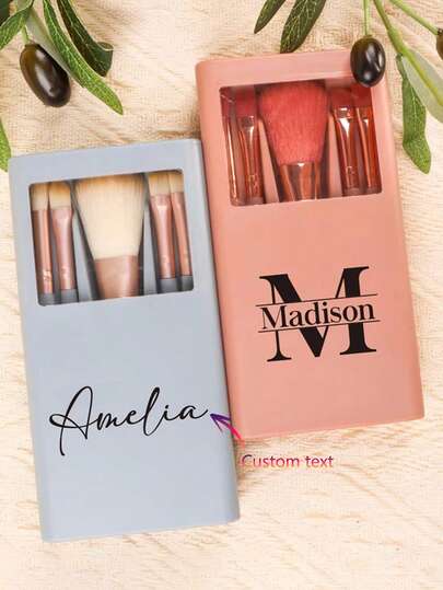 Set de 5 brochas de maquillaje con estuche con espejo, estuche personalizado para brochas de maquillaje de viaje con espejo, regalo de fiesta de damas de honor para ella/mamá, brochas de sombra de ojos y rubor de polvo de alta calidad y suaves con ventana