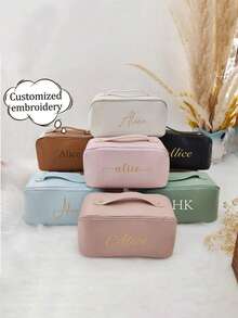 Customized Embroidered Makeup Bag, Personalized Embroidered Leather Cosmetic Bag, Large Capacity Makeup Bag, Bridesmaid Gift, Bridal Party Gift, Zipper Top Makeup Bag - Multicolor - View 4