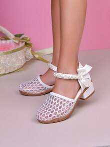 1 Pair Children's High Heel Sandals, Mesh Breathable Material, Cute Bow & Pearl Decor, Suitable For Party, Vacation, Evening Dress - White - View 5