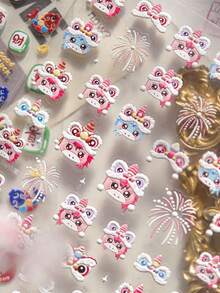 1片装 马年可爱粉色觉醒狮头绽放烟花节日5D美甲贴纸 中国新年按压式美甲贴 女士自粘式美甲装饰 春节假日庆祝美甲 - 彩色 - 查看 4