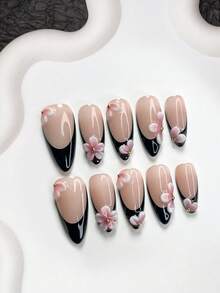 10pcs Handmade Black Floral Nail Art Set, French Press-On Nails, Medium Almond Shape Nail Stickers, Square Nails, Duck Mouth Nails, Black Nail Gel, Includes Tool Kit (1pc Jelly Sticker + 1pc Nail File), Suitable For Women And Girls, Party, Daily Nail Care Nail Supplies Handmade Press On Nails - 彩色 - 查看 17