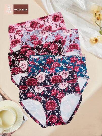 5pcs/Pack Women Plus Size Elegant Printed Soft Triangle Panties, Suitable For All Seasons