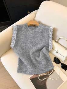 Áo khoác cardigan dáng midi không tay cổ tròn ren cỡ lớn, thích hợp cho du lịch ngoài trời, vui chơi, chụp ảnh, ăn trưa và các dịp khác, món đồ thiết yếu cho phụ nữ. - Xám - Xem 3