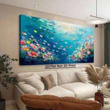 [2D Flat]1 Piece Large Frame Canvas Painting Art Print, Underwater Scene With Colorful Fish And Vibrant Water Flowers, Abstract Brushstrokes, Blue Ocean Background, High Quality Wall Art Printed Poster Can Be Hung Directly For Living Room - 多色 - 查看 2