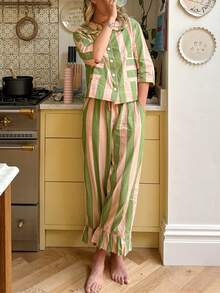 Women Striped 2 Piece Pajama Set Long Sleeve Button Down Shirt Christmas Pants Pj Sets Holiday Sleepwear - màu xanh lá - Xem 6