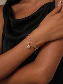 Nooxian 2pcs/Set Women Bracelets Set, Bohemian Summer Beach Style, Includes Golden Electroplated Multi-Layer Basic Chain, Braided Chain, Paper Clip Chain, Copper Inlaid Zirconia Sunflower Stackable Bracelets, Jewelry Gift - Yellow Gold - View 3