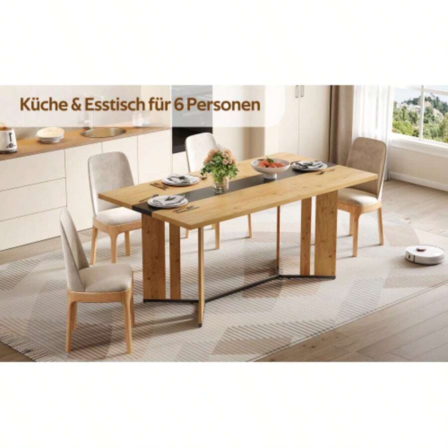 150cm, Scandinavian Style, Wooden Dining Table, Oak Grain, 2.8cm Thick Tabletop, Non-Slip Pads, Waterproof And Scratch-Resistant, Suitable For Living Rooms, Kitchens Or Dining Areas - Khaki - View 1